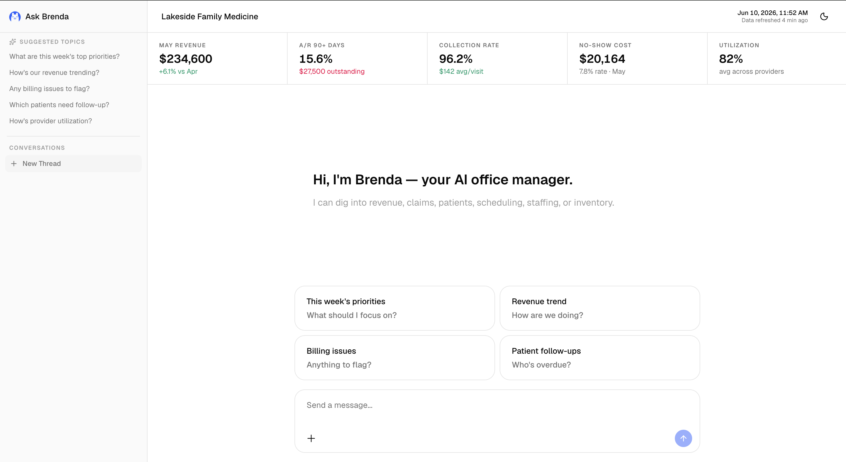 Ask Brenda dashboard showing practice metrics and a chat prompt to ask about revenue, billing, and patient follow-ups.